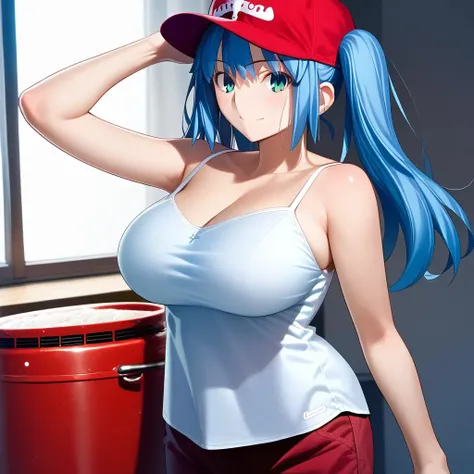 My name is Yukiko.I am a white test woman with long light blue  hair,red eye color.I am 1.62 cm tall . My breasts measure 200 cm, my waist 40 cm and my hips 200 cm. Dressed in black jeans long showing the string of the thong at my waist and a red sports bra . With big breasts 200 cm