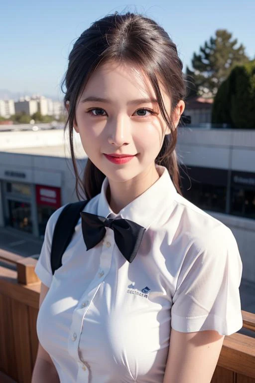 (masterpiece:1.2), Japanese, (18 years old), (((a girl))), hair bun, slender body, (school uniform), collared shirt, short sleeves, bow tie, outdoor, smiling,