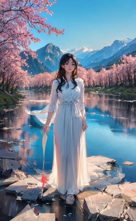 girl (mountain and water landscape:1.3), (ink splashing technique:1.2), (natural beauty:1.2), (poetic mood:1.2), (freehand brushwork:1.2), (blurred lines:1.1), (sparse composition:1.1), (subtle details:1.1), (ethereal atmosphere:1.2), (serene and tranquil:1.2), (vivid imagination:1.1), (unrestrained expression:1.1), (dynamic movement:1.1), (subtle ink color variations:1.1), (flowing brushstrokes:1.2), (artistic interpretation:1.2), (visual ambiguity:1.1), (aesthetic contemplation:1.2), (a beautiful woman:1.3), (ethereal beauty:1.2), (graceful and elegant:1.2), (rosy cheeks:1.1), (lips like cherry blossoms:1.1), (willowy figure:1.2), (long black hair:1.1), (flowing white dress:1.2), (standing by the water:1.2), (surrounded by mountains:1.2), (harmony of nature and human:1.2).
wide shot,close-up,arms behind back,
<lora:zltest:0.7> <lora:shojovibe_v11:0.2> <lora:koreandolllikenessV20_v20:0.2> <lora:cuteGirlMix4_v10:0.2>