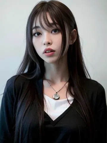 best quality, ultra high res, (photorealistic:1.4), (ulzzang-6500:1.0),1girl, solo, jewelry, necklace, realistic, shirt, bangs, lips, long hair, parted lips, black hair, simple background, looking at viewer, upper body, brown eyes, white shirt, grey background, blunt bangs