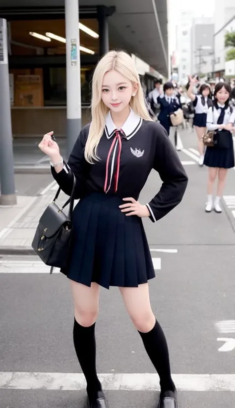 1 girl , serafuku, sailor suit, school uniform,{ulzzang-6500:0.8},photo,1girl, solo, a beautiful goddess, korean idol, japanese idol, stylish model posing in tokyo street,Full body shot,best quality, ultra high res, {photorealistic:1.4}, Kpop idol, platinum blonde short cut hair, loafers, black thighhigh, crowds of students, go to school,