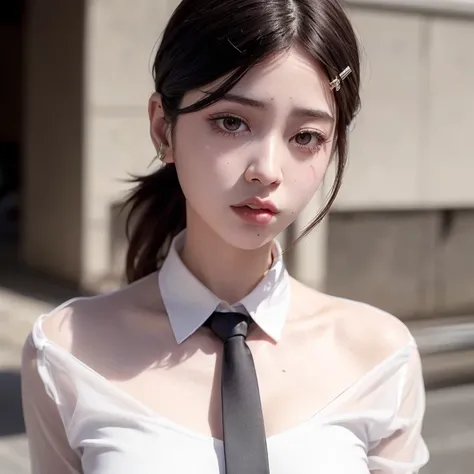 best quality, ultra high res, (photorealistic:1.4), detailed shiny skin,ulzzang-6500,
(kobeni:1.1),(white_collared_shirt:1.1)+(black_necktie:1.1)+(hairpin:1.1), <lora:ch_Kobeni_chainsawman:1>