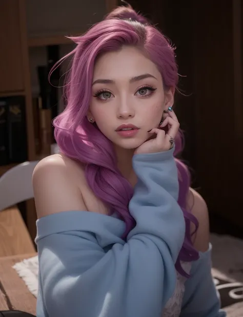 1girl,League of Legends ,seraphine \(league of legends\), bare_shoulders, earrings, eyeshadow, hand_on_own_face, lips, lipstick, long_hair, looking_at_viewer, makeup, nail_polish, off_shoulder, pink_hair, pink_nails, signature, solo, upper_body,<hypernet:ulzzang-6500:1>