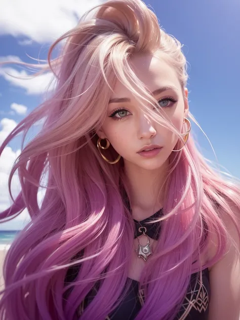 1girl,League of Legends ,seraphine \(league of legends\),1girl, beach, blue_eyes, blue_sky, cloud, cloudy_sky, day, earrings, horizon, jewelry, lips, long_hair, looking_at_viewer, makeup, ocean, outdoors, pink_hair, sky, smile, solo, upper_body, <hypernet:ulzzang-6500:1>