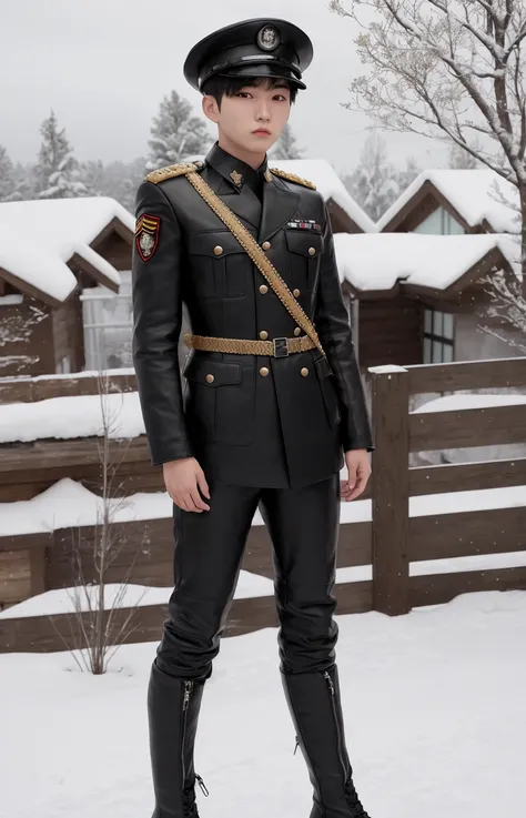 worls war 2 diesel punk ulzzang teen man army officer, black leather uniform, wearing leather army hat, photo referenced, highest quality, high quality, (detailed face and eyes), (full body), snow fall, dusk lighting, high boots, industrial, outdoor snow forest background, snow on clothing, ulzzang-6500,Boots, pants,(style-keta:0.8)