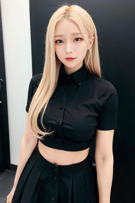 <lora:koreanDollLikeness_v10:0.66>, best quality, ultra high res, (photorealistic:1.4), 1girl, button shirt, black skirt, school, dark brown hair, breasts, (blonde hair:1.2), looking at viewer,
