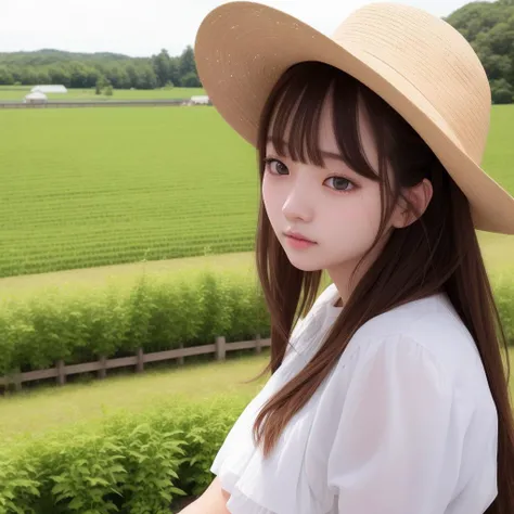best quality, ultra hi res, reaslistic, a photography of a beautiful girl, [:(detailed face:1.2):0.2], (no make-up:1.2), kawaii, farmgirl, hyperdetailed, work farm, farm, fruits, working farm,(ulzzang-6500:0.2).8)