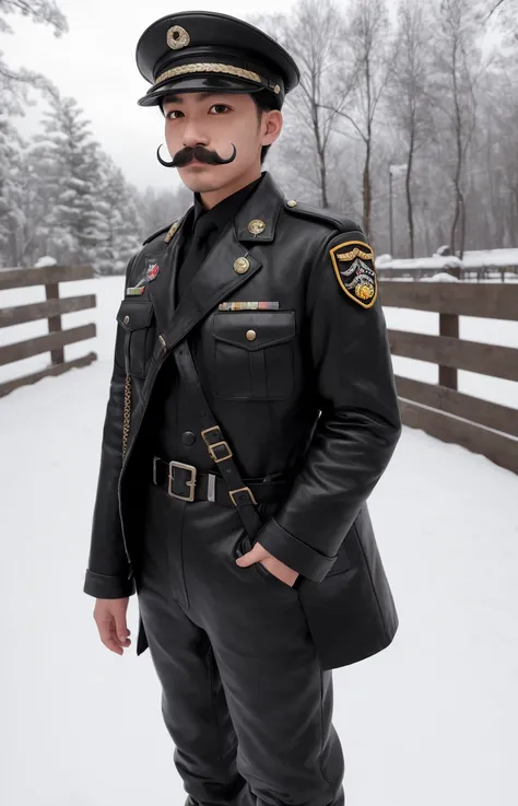 worls war 2 diesel punk ulzzang teen man army officer, black leather uniform with (((moustache))), wearing leather army hat, photo referenced, highest quality, high quality, (detailed face and eyes), (full body), snow fall, dusk lighting, high boots, industrial, outdoor snow forest background, snow on clothing, ulzzang-6500,Boots, pants,(style-keta:0.8)
