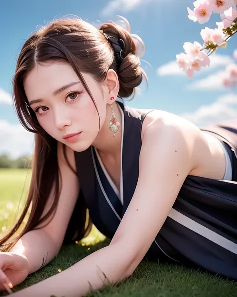best quality, ultra high res, (photorealistic:1.3), (hanfu:1.414),(off shoulder:1.1) POV ,(solo:1.1), (1girl:1.1), (looking at viewer:1.331),(lying in grass:1.331),(armpits:1.33),(clear fingers:1.5), (shiny skin:1.41),armlet, bangle, anklet, black hair, blunt bangs, parted bangs, (gradient hair:1.331), high ponytail, hair rings, half updo, (crown braid:1.21), braided bun, (widow's peak:1.21), hair ornament, earrings, (parted lips:1.1), (eyelashes:1.1), (happy:1.21), (depth of field:1.1), lens flare, (chromatic aberration:1.1), (caustics:1.1), in summer, branch, (beautiful detailed sky:1.331), (scattered luminous petals:1.331),ulzzang-6500,(style-gbf:0.75)<hypernet:anime:1.0>