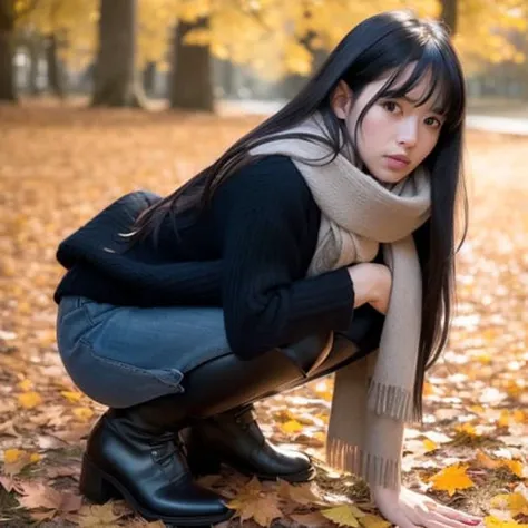 ((masterpiece)), (realistic:1.5), (solo shot:1.5), best quality, 8k, ultra high res, 1girl, (long black hair:1.2), bangs, (autumn clothes), autumn skirt, autumn, morning, good lighting, (scarf), (slender waist), (black ankle boots), front shot, detailed face, symmetric, highly detailed, looking at viewer, depth of field, natural beautiful light, beautiful shadow