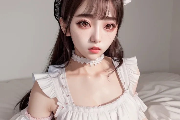 solo, (korean:1.2),1 girl, 
(sharp focus:1.4),  (photorealistic:1.4), 
(intricate maid clothes:1.4),  white maid apron, layered clothes, puffy sleeves, 
(doggy position), barefoot, face focus, on the bed,
(black leather choker ), long hair, brown hair, curvy wave half twin tails, hair ties,
indoors, cozy bed,
(smile:1.1), (realistic humid skin:1.2), (beautiful face:1.1), detailed eyes, detailed face,(breasts:1.2), black eyes, makeup,
depth of field, best quality, ultra high res, (photorealistic:1.4), (ulzzang-6500:1.0),((puffy eyes)), full body,  (pink lipstick,:1.1) <lora:jrkjs-v0:1>