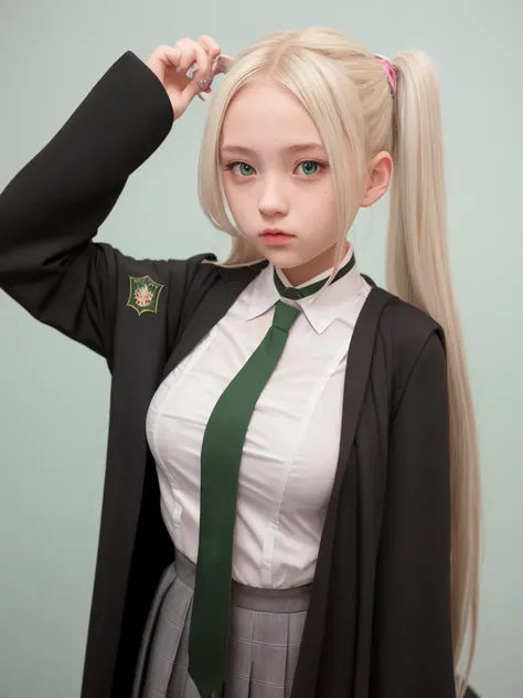 girl 20 year old, Hogwarts Uniform, hogsks, hogwarts school uniform, black robe, gray vest, , green tie, school background, magic, school of magic, ullzang-6500
twintail blond hair, large breast, hair tie, flower hair