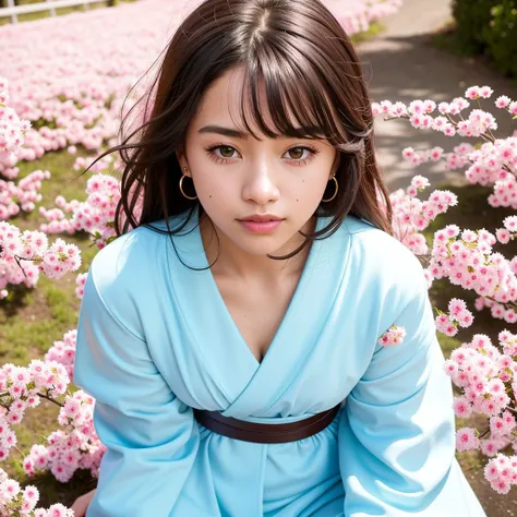 <lora:taiwanDollLikeness_v10:0.66>, best quality, ultra high res, (photorealistic:1.4), ultra-detailed,incredibly detailed,(an extremely delicate and beautiful), 1 mixed girl, (japanese:1.2),spring, breeze, sunny weather, sun shine, blue sky, white clouds, ((sakura tree Stone path backgound)), ((tokyo commercial buliding city)), (((Blue pattern kimono))), white scoks, (Low Bun Hairstyles), brown fringe hair, sideburns, small bag, delicate small earings, perfect ratio, slim body shape, (higher view), smile, exhibiting body, happy, wonderful flawless long legs, natural face shape, perfect teeth, (depth of field:1.1), lens flare, beautiful detailed eyes, scattered sakura petals, facing to the sky, sun shine on face, close eyes, beautiful headdress, natural beautiful light, beautiful shadow, barefoot, face focus, (realistic humid skin:1.2), (beautiful face:1.1), detailed eyes, detailed face,(breasts:1.2), black eyes, ((puffy eyes)), full body, (pink lipstick,:1.1), (((dress conservatively))), full body shot, squat down