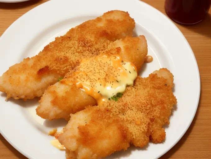chicken katsu, melting cheese, on plate, (steaming:1.1),