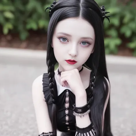 young slim 1girl, (Wednesday Addams:1.3), ulzzang-6500, (photorealistic:1.4), Gothic makeup, sexy pose, (neckline), (pleated very short skirt:1.3), silver buckle belt, (straps and spikes), leather boots, small chest, small waist, looking at the camera, beautiful symmetrical face, (puffy eyes, black pupils white sclera), (detailed face and eyes++:1.3), (detailed hands:1.2), (detailed mouth:1.2), (detailed lips:1.2), (detailed hairs++:1.3), (pale skin:1.1), one earring with cross, smiling, happy, soft lighting, high quality, film grain, Fujifilm XT3, insanely detailed, intricate, 4k