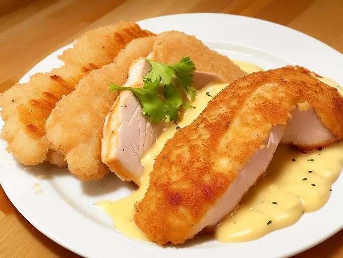 sliced chicken katsu, melting cheese, on plate, (steaming:1.1),