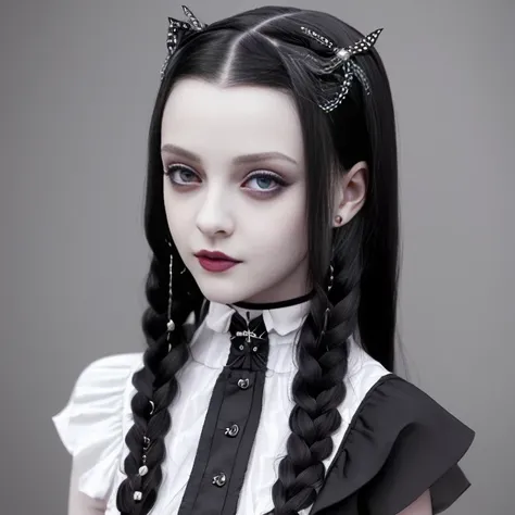 young slim 1girl, (Wednesday Addams:1.3), (photorealistic:1.4), Gothic makeup, sexy pose, (neckline), (pleated very short skirt:1.3), silver buckle belt, (straps and spikes), leather boots, small chest, small waist, looking at the camera, beautiful symmetrical face, (puffy eyes, black pupils white sclera), (detailed face and eyes++:1.3), (detailed hands:1.2), (detailed mouth:1.2), (detailed lips:1.2), (detailed hairs++:1.3), (pale skin:1.1), one earring with cross, smiling, happy, soft lighting, high quality,  film grain, Fujifilm XT3, insanely detailed, intricate, 4k,