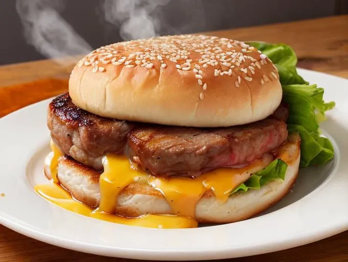 hamburger steak, melting cheese on top, steaming