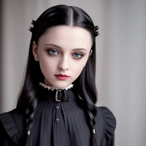 young slim 1girl, (Wednesday Addams:1.2), (photorealistic:1.4), Gothic makeup, sexy pose, (neckline), (pleated very short skirt:1.5), silver buckle belt, (straps and spikes), leather boots, small chest, small waist, looking at the camera, beautiful symmetrical face, (puffy eyes, black pupils white sclera), (detailed face and eyes++:1.3), (detailed hands:1.2), (detailed mouth:1.2), (detailed lips:1.2), (detailed hairs++:1.3), (pale skin:1.1), one earring with cross, smiling, happy, soft lighting, high quality, film grain, Fujifilm XT3, insanely detailed, intricate, 4k, realistic shadows,