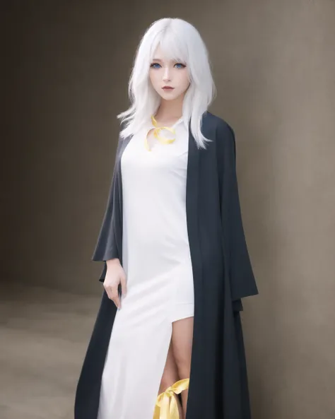 masterful, white hair, blue eyes, full body, white shirt, 1girl, realistic, makeup, lips, black robe, body up, yellow ribbon, looking at viewer, slight smile, hand behind back,realistic, highres