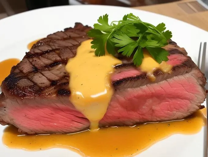 Steak in half, slightly medium inside, cooked steak outside, on plate, steaming, oil leaking from steak, (parsley on steak), tender steak, melting cheese on top, steaming