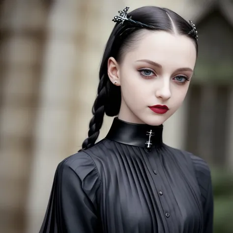 young slim 1girl, (Wednesday Addams:1.2), (photorealistic:1.4), Gothic makeup, sexy pose, (neckline), (pleated very short skirt:1.5), silver buckle belt, (straps and spikes), leather boots, small chest, small waist, looking at the camera, beautiful symmetrical face, (puffy eyes, black pupils white sclera), (detailed face and eyes++:1.3), (detailed hands:1.2), (detailed mouth:1.2), (detailed lips:1.2), (detailed hairs++:1.3), (pale skin:1.1), one earring with cross, smiling, happy, soft lighting, high quality,  film grain, Fujifilm XT3, insanely detailed, intricate, 4k, realistic shadows, [gray light]