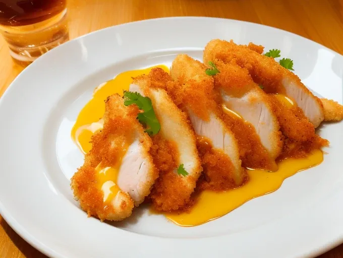 chicken katsu, melting cheese, on plate, (steaming:1.1),