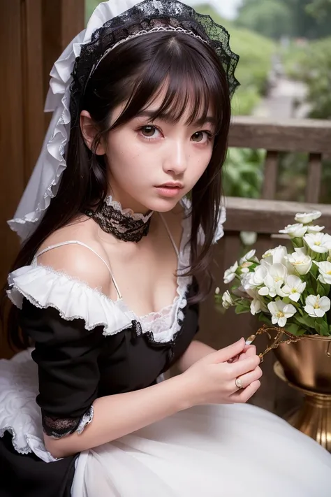 (masterpiece:1.0), (best quality:1.4), (ultra highres:1.2), (photorealistic:1.4), (8k, RAW photo:1.2), (soft focus:1.4), 1 young girl, (18yo:1.3), (sharp focus:1.4), (Japanese:1.0), (arabic:0.7), detailed beautiful face, black hair, (detailed maid crothes:1.4), (lace choker:1.2), beautiful white shiny humid skin