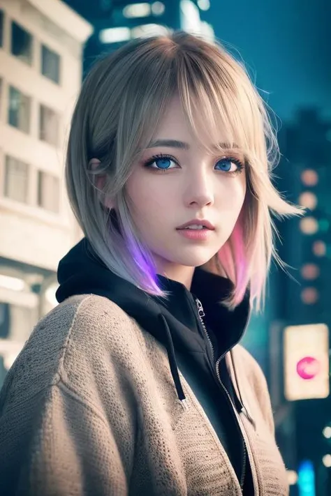 extremely detailed CG,UHD wallpaper, Extreme details,(realistic:1.2),(((best quality))), ((ultra-detailed)), (cute detailed face:1.2), {{highly detailed face}},beautiful and aesthetic,1girl,(masterpiece:1.4),glowing skin,strong rim light,dramatic shadows, intense shadows, SIGMA 35mm F1.4, ISO 200 Shutter Speed 2000,Photorealism,{photorealistic}, photogenic,Illustration, Girl, detailed manga illustration, finely detailed,HIGH RES,Stunning art,{{intricate detail}},(((beautiful detailed lighting))),beautiful detailed colorful eyes, dynamic fuzziness, intricate light, detailed clothes, rouge,full-length photograph,cyberpunk,Cyborg,sci-fi,city,cyberpunk busy city street,airship,fluorescence,
spiralcurl,hime cut,gradation hair,yellow hair,ivory eyes,laugh,brown cardigan,hood,