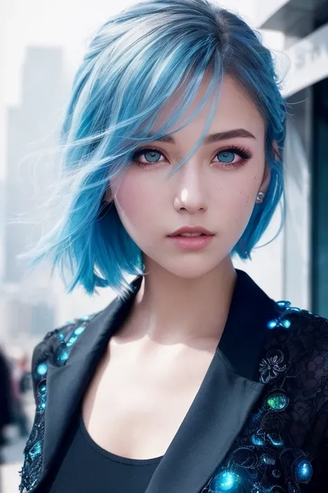 extremely detailed CG,UHD wallpaper, Extreme details,(realistic:1.2),(((best quality))), ((ultra-detailed)), (cute detailed face:1.2), {{highly detailed face}},beautiful and aesthetic,1girl,(masterpiece:1.4),glowing skin,strong rim light,dramatic shadows, intense shadows, SIGMA 35mm F1.4, ISO 200 Shutter Speed 2000,Photorealism,{photorealistic}, photogenic,Illustration, Girl, detailed manga illustration, finely detailed,HIGH RES,Stunning art,{{intricate detail}},(((beautiful detailed lighting))),beautiful detailed colorful eyes, dynamic fuzziness, intricate light, detailed clothes, rouge,full-length photograph,cyberpunk,Cyborg,sci-fi,city,cyberpunk busy city street,airship,fluorescence,
hair up,hair over one eye,iridescent color hair,blue hair,purple eyes,raised eyebrow,school uniform,hair ornament,