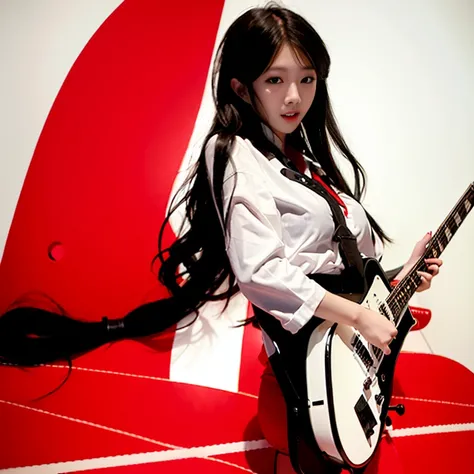 kpop idol,(1 girl:1.33), 1 cute girl ,white Shirt, black long hair, look at viewer, (take red guitar:1.3) , high detailed ,8k,tokyo down town, city street , <hypernet:ulzzang-6500:1><lora:taiwanDollLikeness_v10:0.5>