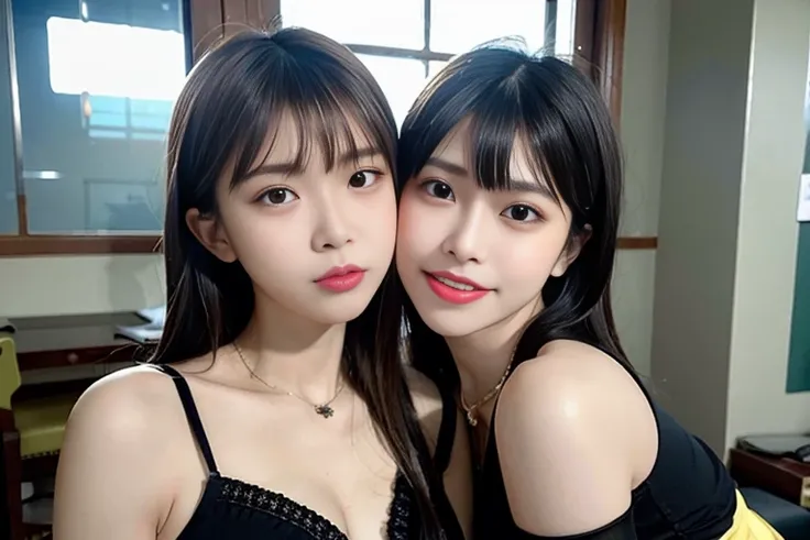 (ultra realistic),best quality, ultra high res,((2 slim girls kissing)), (Tongue kiss:1.2), ( french kiss:0.8),bangs,asian,indoors,detailed face,black thighhighs,yellow eyes,short hair,make up,detailed black hair,detalied eyes, detalied lips, cosplay,showing armpits,blurry window background,jewelry, (PureErosFace_V1:0.8), (ulzzang-6500:0.66) ,<lora:kobeni_v10:0.33>, <lora:koreanDollLikeness_v10:0.33>, <lora:taiwanDollLikeness_v10:0.33>, <lora:mikuya_v15:0.33>