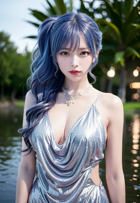(8k, RAW photo, best quality, masterpiece:1.2), (realistic, photo-realistic:1.37),<lora:koreanDollLikeness_v10:0.5> <lora:stLouisLuxuriousWheels_v1:1>,st. louis \(luxurious wheels\) \(azur lane\),1girl,(Kpop idol), (aegyo sal:1),hair ornament, portrait, (long loose silver revealing dress:1.1), necklace, blue nails, cute, night, rain, wet, professional lighting, photon mapping, radiosity, physically-based rendering, smile, riverbank, river,