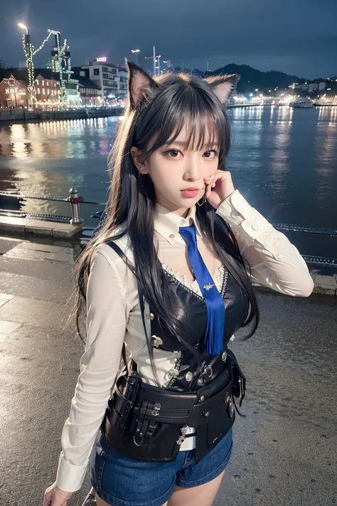(8k, RAW photo, best quality, masterpiece:1.2), (realistic, photo-realistic:1.37),<lora:koreanDollLikeness_v10:0.5> ,<lora:arknightsTexasThe_v10:1>,omertosa,1girl,(Kpop idol), (aegyo sal:1),cute,cityscape, night, rain, wet, professional lighting, photon mapping, radiosity, physically-based rendering,