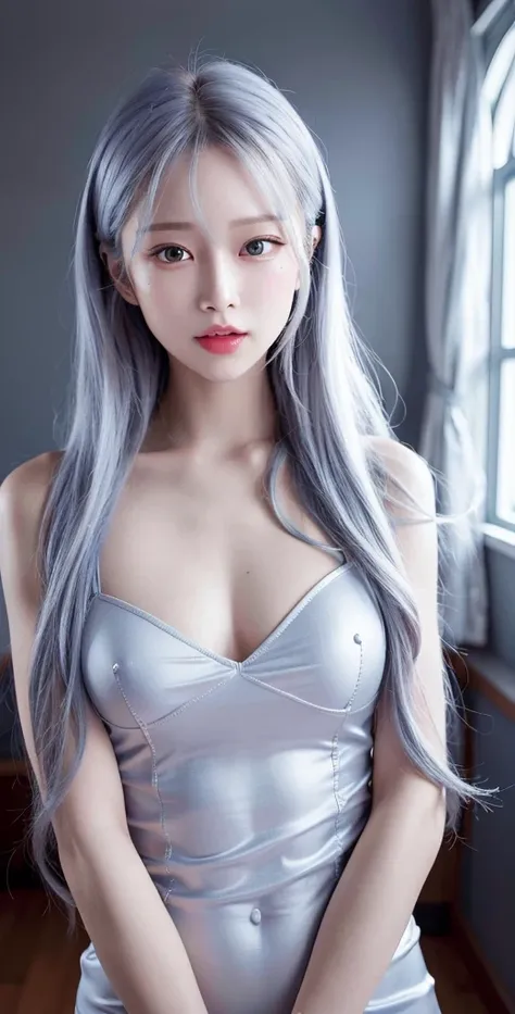 <lora:stLouisLuxuriousWheels_v1:0.1><lora:koreanDollLikeness_v10:0.5>,best quality, blue long hair, ultra high res, (photorealistic:1.4), 1girl,silver dress,white teeth, slightly open mouth, warm tone cinema light,
(slightly turned around body:1.4) PureErosFace_V1