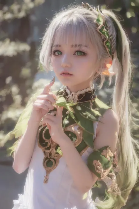 side ponytail, ((nahida \(genshin impact\))),<lora:nahidaGenshinImpact_nahidaGenshinImpact:1>, (((Kpop idol))),aegyo sal,multicolored hair,((hair between eyes)),white hair,green hair,green eyes,((pointy ears)),((flat chest)),(photorealistic:1.4),(masterpiece:1.4),(best quality:1.4),1girl, solo,ultra high res,((detailed facial features)),upper body, small hands,