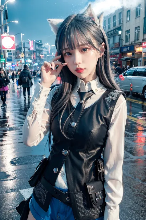 (8k, RAW photo, best quality, masterpiece:1.2), (realistic, photo-realistic:1.37),<lora:koreanDollLikeness_v10:0.5> ,<lora:arknightsTexasThe_v10:1>, (pureerosface_v1:0.2), (ulzzang-6500-v1.1:0.3), omertosa,1girl,(Kpop idol), (aegyo sal:1),cute,cityscape, night, rain, wet, professional lighting, photon mapping, radiosity, physically-based rendering,