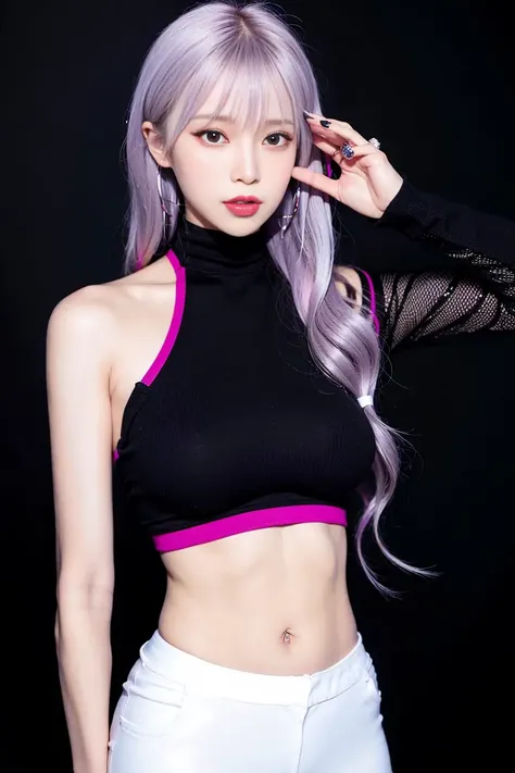 (8k, RAW photo, best quality, masterpiece:1.2), (realistic, photo-realistic:1.37),<lora:koreanDollLikeness_v10:0.5> ,1girl,(Kpop idol), (aegyo sal:1),cute, professional lighting, photon mapping, radiosity, physically-based rendering, <lora:nazunaNanakusaCallOfThe_offset:1>,nanakusa nazuna,black jacket, black shirt, black shorts, blue eyes, blunt bangs, breasts, cleavage cutout, clothing cutout, crop top, eyeshadow, fangs, gradient hair, grey hair, hair rings, jacket, purple hair, white hair,multicolored hair, navel, shirt, shorts, sleeveless, sleeveless turtleneck, sleeveless turtleneck crop top, small breasts, stomach, turtleneck, turtleneck crop top, two-tone hair, vampire