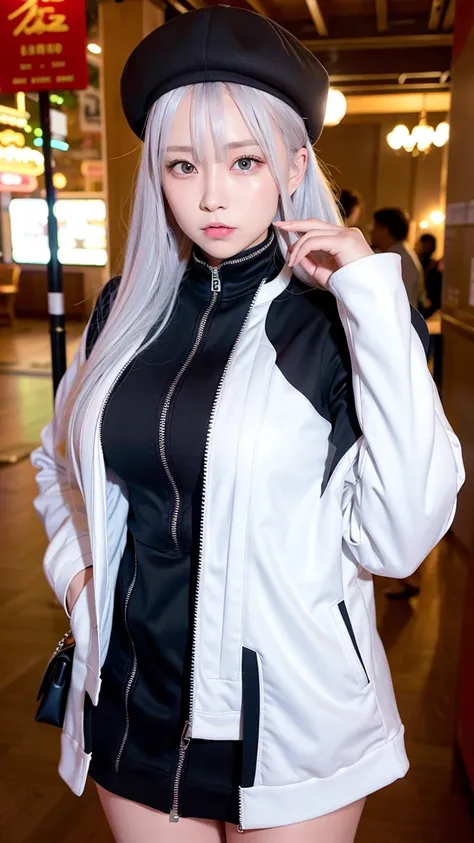 photography of a beautiful Chinese girl, 1girl,
<lora:koreanDollLikeness_v10:0.40>.
8k. ultra high res. ultra detailed. physically-based rendering. best quality. solo focus. looking at viewer.
35mm, film photography, studio quality, film grain,
(realistic, photo-realistic:1.2), (high detailed skin:1.4),(pose:1.2),(curvy)
beautiful detailed eyes.platinum white hair.thigh highs.white jacket.pleated skirt, beret
hair lighting, soft lighting,
a close up portrait photo,
outdoor.