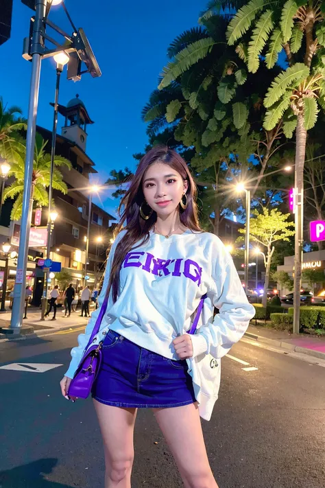 <lora:taiwanDollLikeness_v10:0.66>, best quality, ultra high res, (photorealistic:1.4), 1girl, (([Purple|Black]_sexy princess attire)), (light brown hair:1.2), looking at viewer, smiling, full body, streets, urban, makeup, wide angle, handbag, night, street, roadside, Cash, condoms, neon lights,Streetlights, poles, cabs, cigarettes, necklaces, Brothels, Lingerie, Lace, Earrings, building, street lights