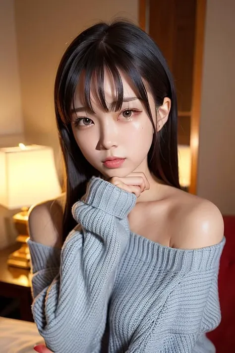 <lora:koreanDollLikeness_v10:0.3>8k, ultra detailed, physically-based rendering, Kpop idol, bedroom, night, perfect skin, closed mouth, off shoulder sweater, soft lights