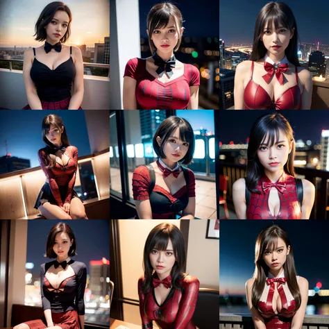 Spider-Woman, <lora:koreanDollLikeness_v10:0.3>(8k, best quality, masterpiece:1.2), (realistic, photo-realistic:1.37), ultra-detailed, 1 girl,cute, solo,beautiful detailed sky,detailed cafe,night,sitting,dating,(nose blush),(smile:1.1),(closed mouth) medium breasts,beautiful detailed eyes,(collared shirt:1.1), bowtie,pleated skirt,(short hair:1.2),floating hair