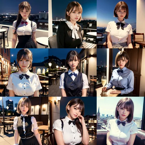 <lora:koreanDollLikeness_v10:0.3>(8k, best quality, masterpiece:1.2), (realistic, photo-realistic:1.37), ultra-detailed, 1 girl,cute, solo,beautiful detailed sky,detailed cafe,night,sitting,dating,(nose blush),(smile:1.1),(closed mouth) medium breasts,beautiful detailed eyes,(collared shirt:1.1), bowtie,pleated skirt,(short hair:1.2),floating hair