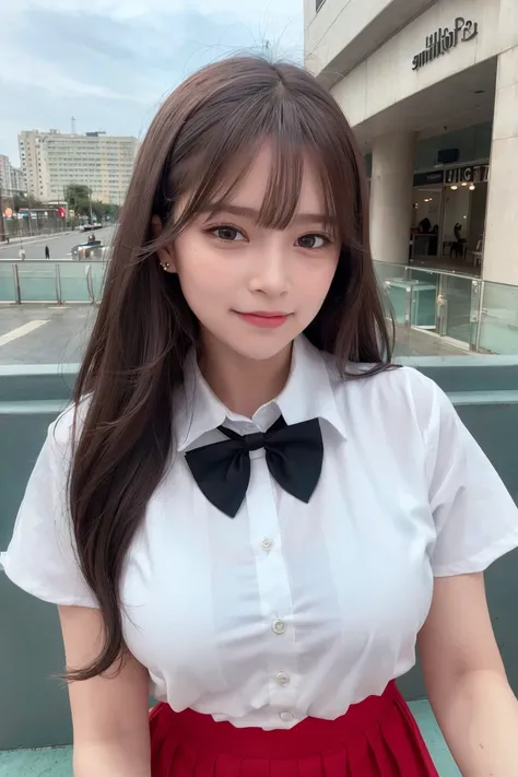<lora:koreanDollLikeness_v10:0.4>,
(RAW photo, best quality), (realistic, photo-realistic:1.2), a close up portrait photo,
1girl, shopping mall rooftop cafe, outdoor,
smile, (high detailed skin:1.4),
puffy eyes, gorgeous hair, air bangs, brown black hair,
white opaque shirt with bow tie, pure red pleated skirt,
soft lighting, high quality,