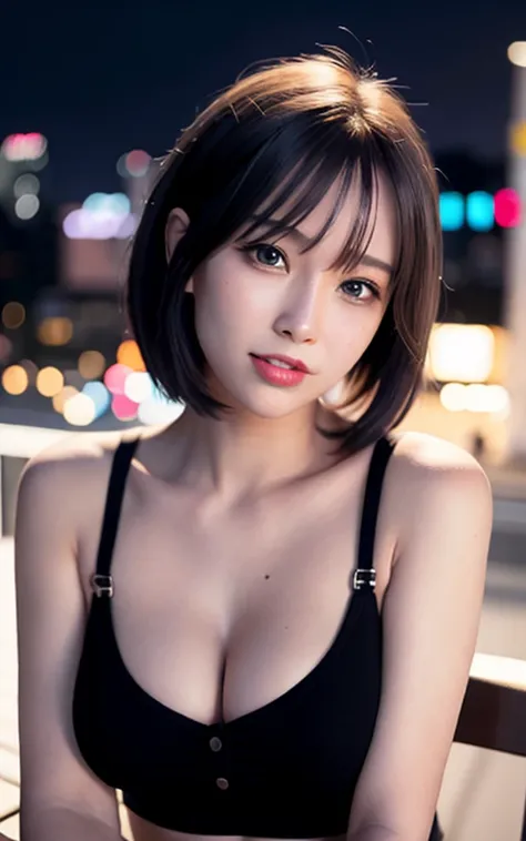 (8k, best quality, masterpiece:1.2), (realistic, photo-realistic:1.2), cute, solo,beautiful detailed sky,night,wet, looking at viewer,(sit: 1.5),dating,future,
(nose blush),(smile:1.15),(closed mouth) small breasts,beautiful detailed eyes,), (dark blonde hair:1),(short hair:1.1),floating hair NovaFrogStyle,
grey blazer, button T-shirt, black miniskirt, makeup, (8k, RAW photo:1.2),