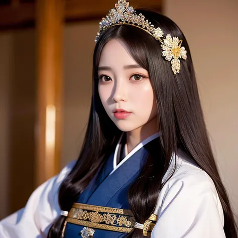 <lora:koreanDollLikeness_v10:0.3>,ultra high res, (photorealistic:1.4),hdr,(Kpop idol),puffy eyes,
a poster for a Korean TV show set in medieval Korea, featuring a courageous princess as the main character. (Woman) She has long, flowing black hair and piercing eyes that reflect her determination. She wears a beautiful hanbok adorned with intricate embroidery and jewels, indicating her royal status. The background should feature a glimpse of the palace and the lush Korean countryside, giving a sense of the historical setting,