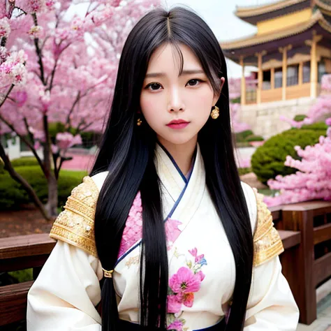 <lora:koreanDollLikeness_v10:0.5>,ultra high res, (photorealistic:1.4),hdr,(Kpop idol),puffy eyes,
a poster for a Korean TV show set in medieval Korea, featuring a courageous princess as the main character. (Woman) She has long, flowing black hair and piercing eyes that reflect her determination. She wears a beautiful hanbok adorned with intricate embroidery and jewels, indicating her royal status. The background should feature a glimpse of the palace and the lush Korean countryside, giving a sense of the historical setting,
