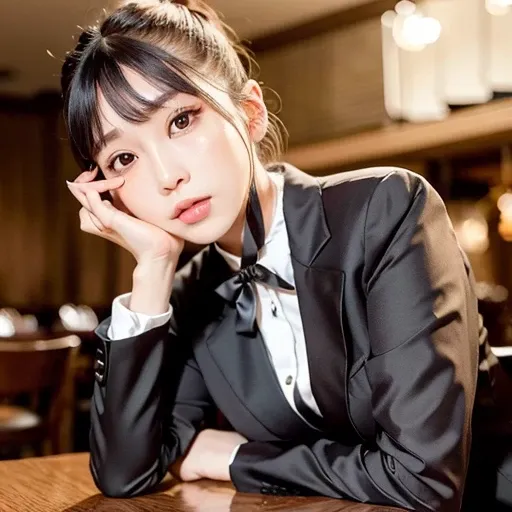 a girl with short ponytail laying in the table in a restaurant wearing formal suit, clear eye, perfect body, (look down at the viewer:0.8), (pureerosface_v1:0.2), detached sleeves, open mouth, bangs, 1girl, shiny skin, (masterpiece;1.0), (photorealistic:1.4), (sharp focus:1.2), <lora:koreanDollLikeness_v10:0.2>
