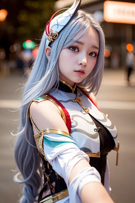 shenhe \(genshin impact\), (adult face:0.7), best quality, ultra high res, (photorealistic:1.4), (depth of field:1.4), (pov:1.2), (symmetry:1.2), (portrait:1.4), (oval face:1.4) (looking side:1), (brown lips:1), (aegyo sal:1.2), (flat expression:1.4), (white asian clothes:1.5), (black bodysuit:1.4), (red ribbons:1.2), 1 girl, (shiny hair), voluminous hair, silver hair, long hair, back braided hair, (hair ornament:1.3), bangs covering eyes, (rainbow eyes:1.2), (detailed eyes:1.2), medium breasts, (8k, RAW photo, best quality, masterpiece:1.2), city, night, in street, white skin, half body, bokeh, bloom, (ulzzang-6500:0.1) <lora:koreanDollLikeness_v10:0.2> <lora:Shenhe_Hard:1.5>