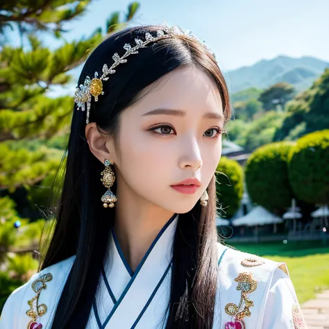 <lora:koreanDollLikeness_v10:0.3>,ultra high res, (photorealistic:1.4),hdr,(Kpop idol),puffy eyes,
a poster for a Korean TV show set in medieval Korea, featuring a courageous princess as the main character. (Woman) She has long, flowing black hair and piercing eyes that reflect her determination. She wears a beautiful hanbok adorned with intricate embroidery and jewels, indicating her royal status. The background should feature a glimpse of the palace and the lush Korean countryside, giving a sense of the historical setting,